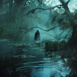 person-is-standing-water-surrounded-by-trees-mist